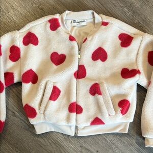 No Boundaries Heart Print Teddy Fleece Bomber Jacket Cream Red Valentine Cozy M